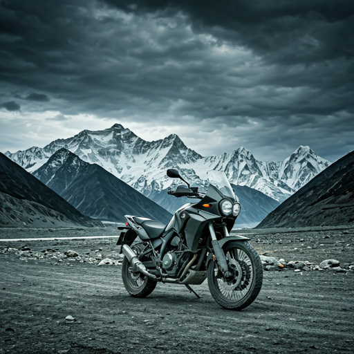 Cinematic wide shot of a rugged black adventure motorcycle parked on a high mountain pass